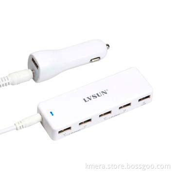 In-car charger with 5 USB output port 5V 2.4*3 or 5V 1.2A*4+5V 2.4A charge iPhone 5 simultaneously